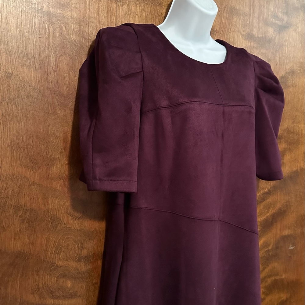 Anne Klein Short Puff Sleeve Faux Suede Fall Midi Dress Womens 12 Plum Purple - Picture 5 of 16